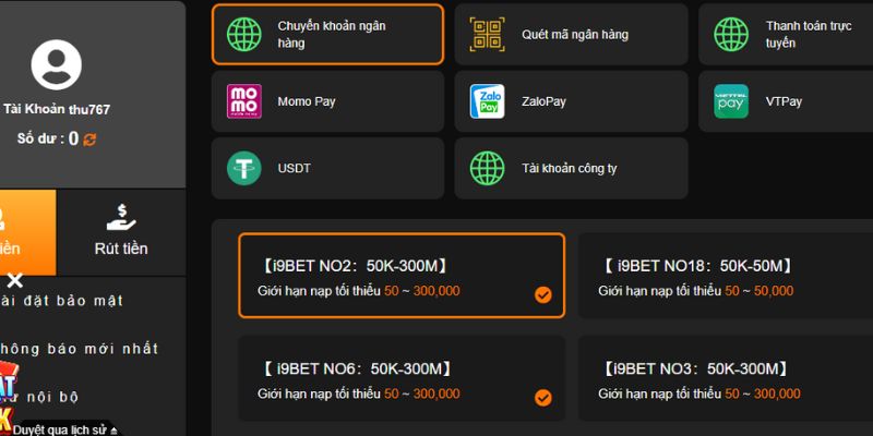Chọn cách nạp tiền I9BET thuận tiện